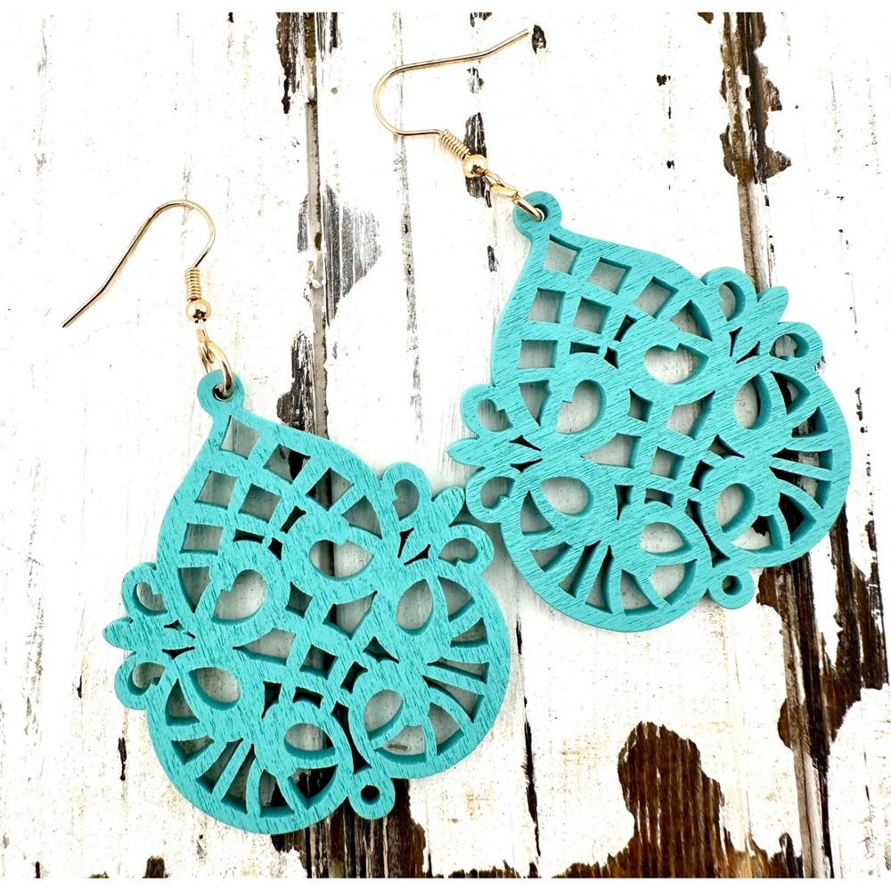 Garden Trellis Teardrop Earrings Turquoise Blue Stained Laser Cut Wood NEW